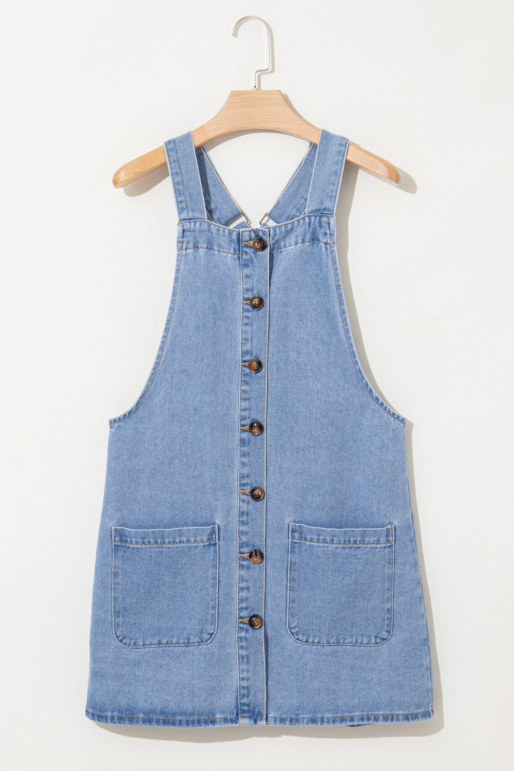 Dusk Blue Wide Strap Button Front Pocketed Denim Mini Dress