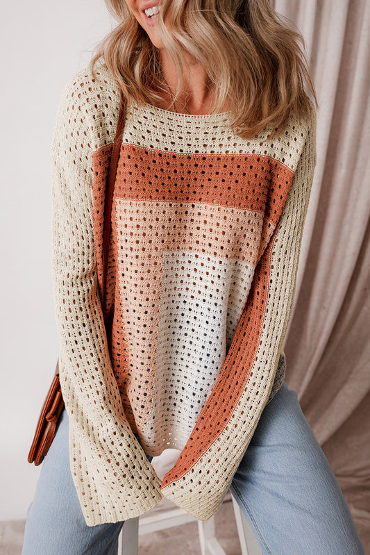 Apricot Pointelle Knit Colorblock Baggy Sweater