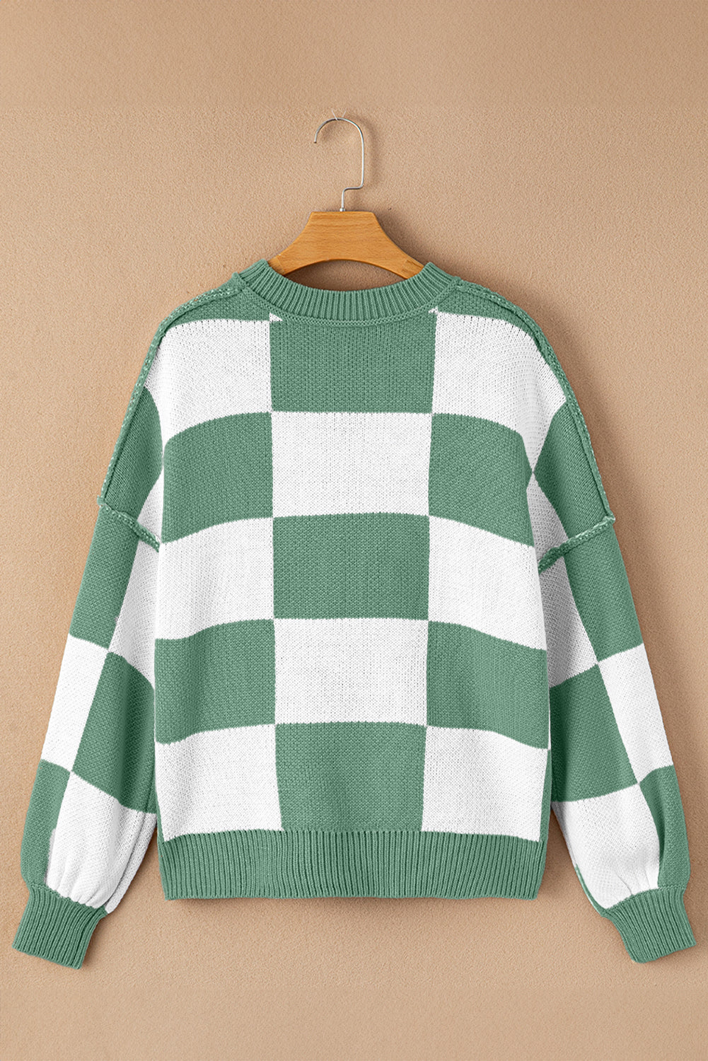 Khaki Checkered Bishop Sleeve Sweater