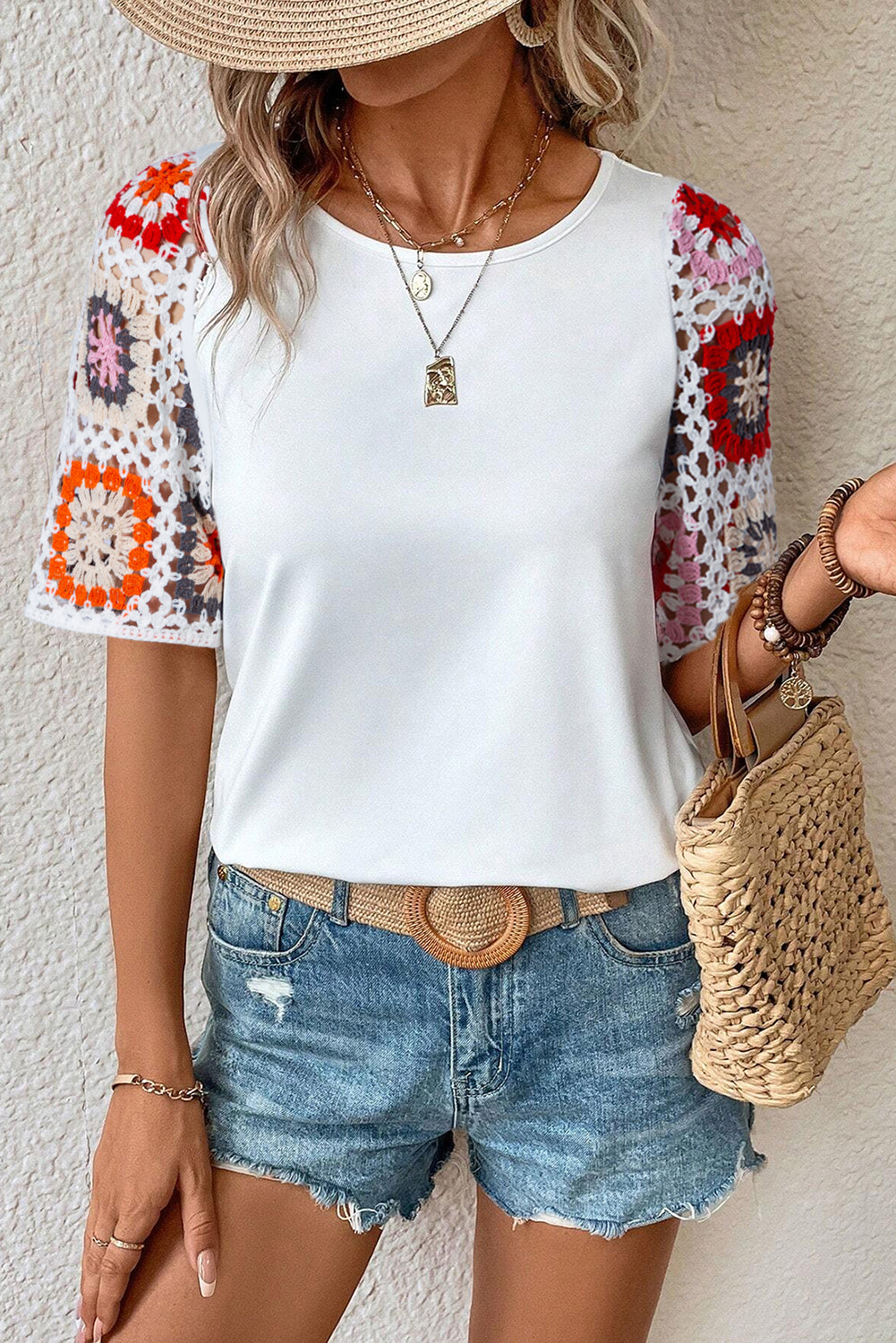 Black Floral Crochet Short Sleeve Top