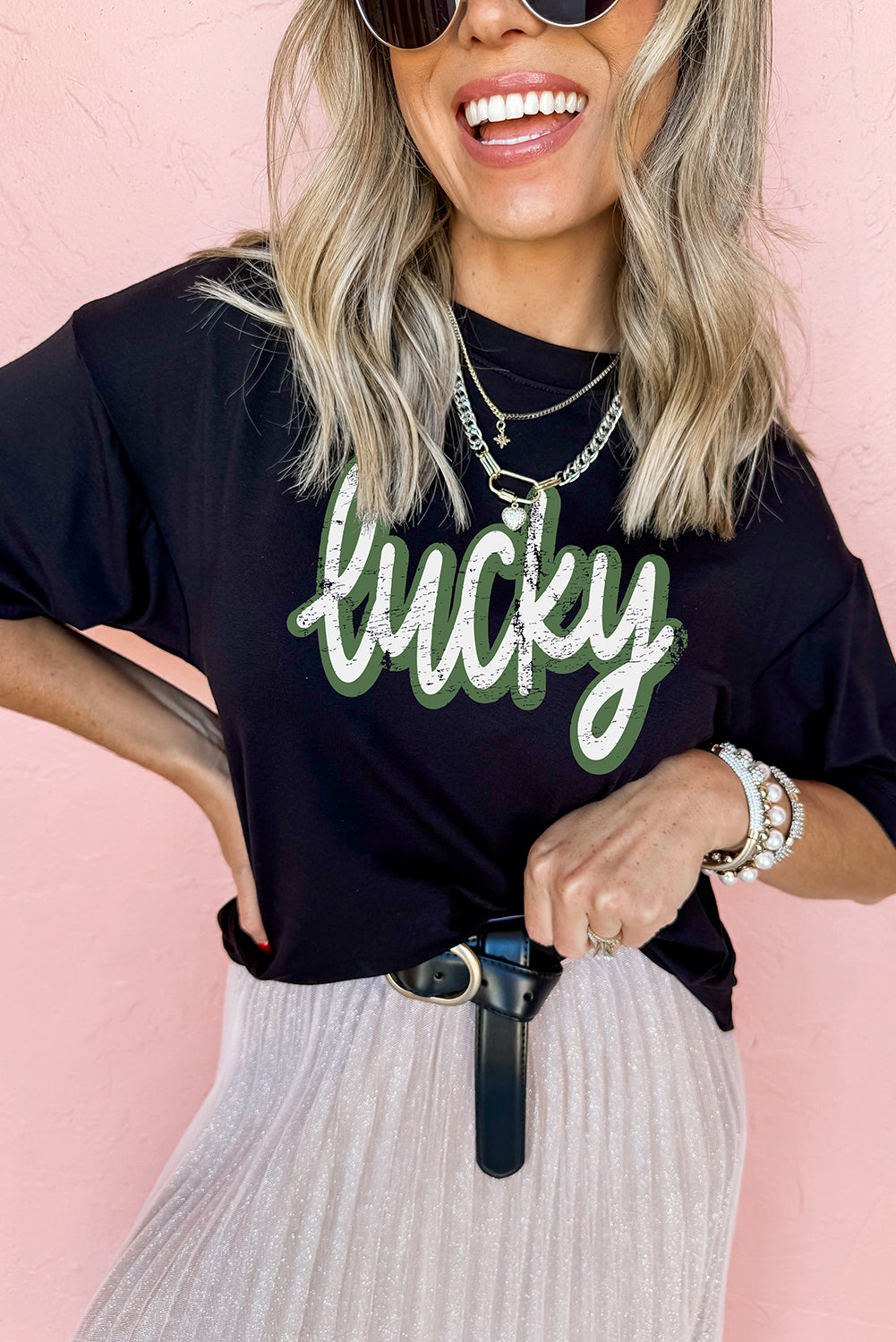 Black St Patricks Day lucky Cracked Letter Graphic T Shirt