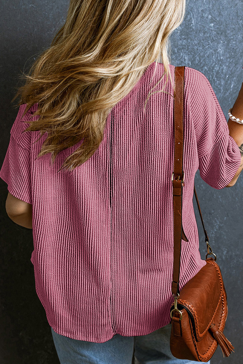 Rose Pink Textured V-Neck Dropped Shoulder Plus T-Shirt