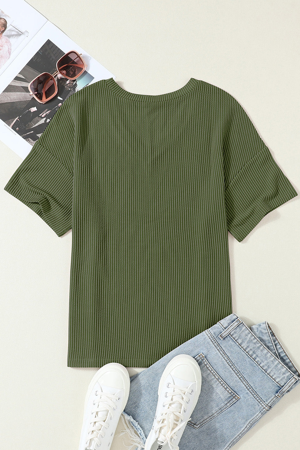 Valerian Corded V Neck Chest Pocket Loose T-shirt