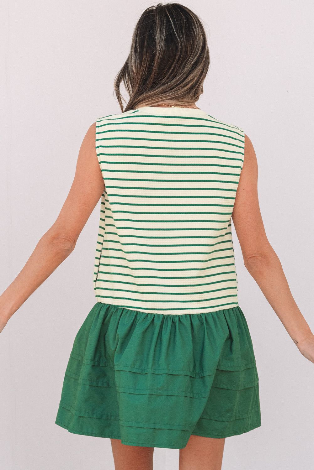 Green Stripe Woven Ruffled Sleeveless Mini Dress