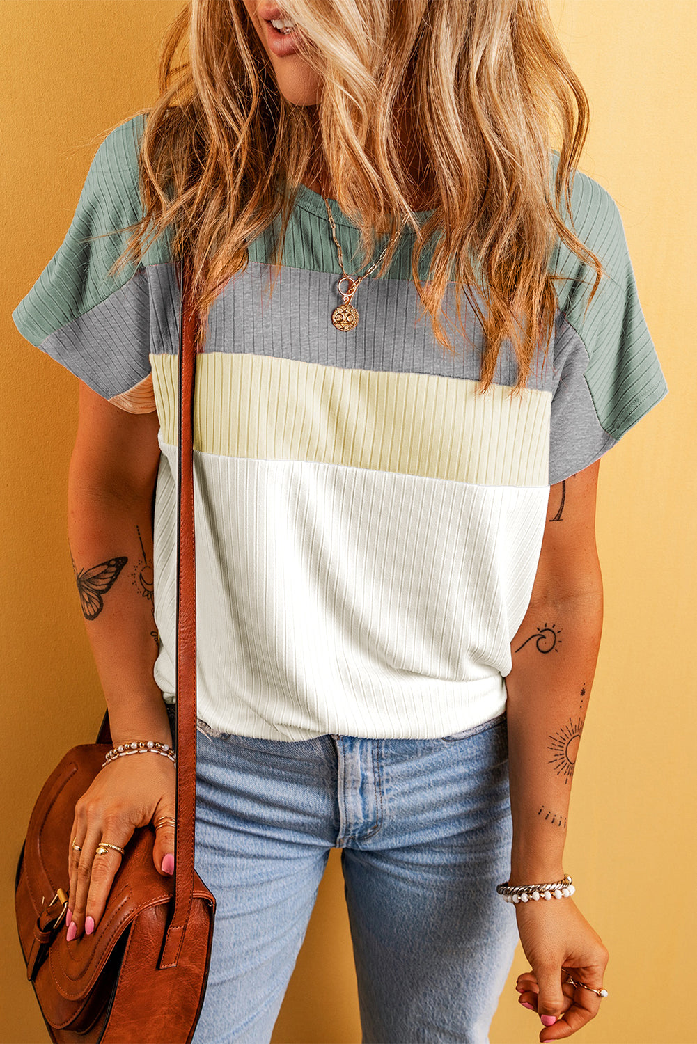 White Ribbed Color Block Patchwork T-shirt