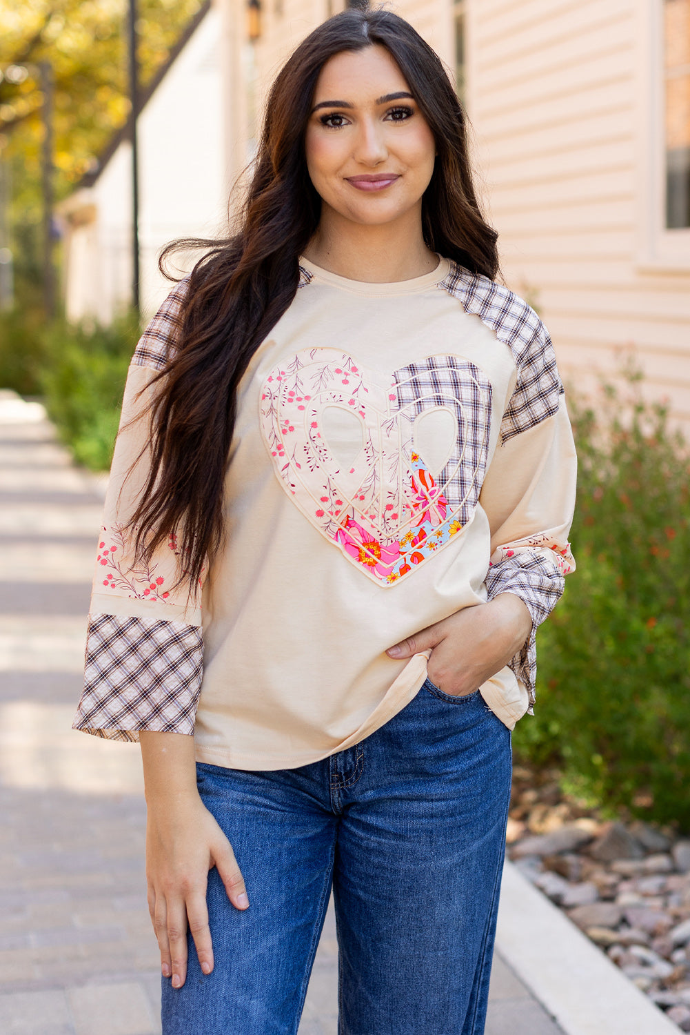 Clearly Aqua Plaid Floral Peace Heart Graphic Wide Long Sleeve Top