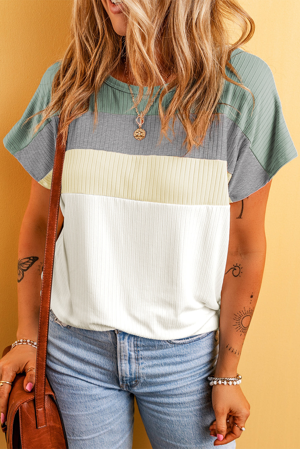 White Ribbed Color Block Patchwork T-shirt