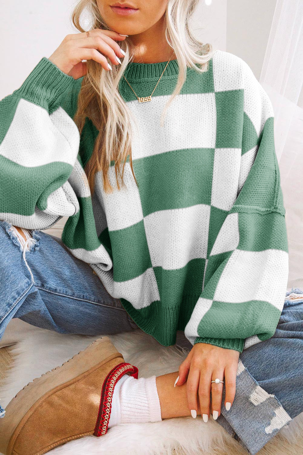 Khaki Checkered Bishop Sleeve Sweater