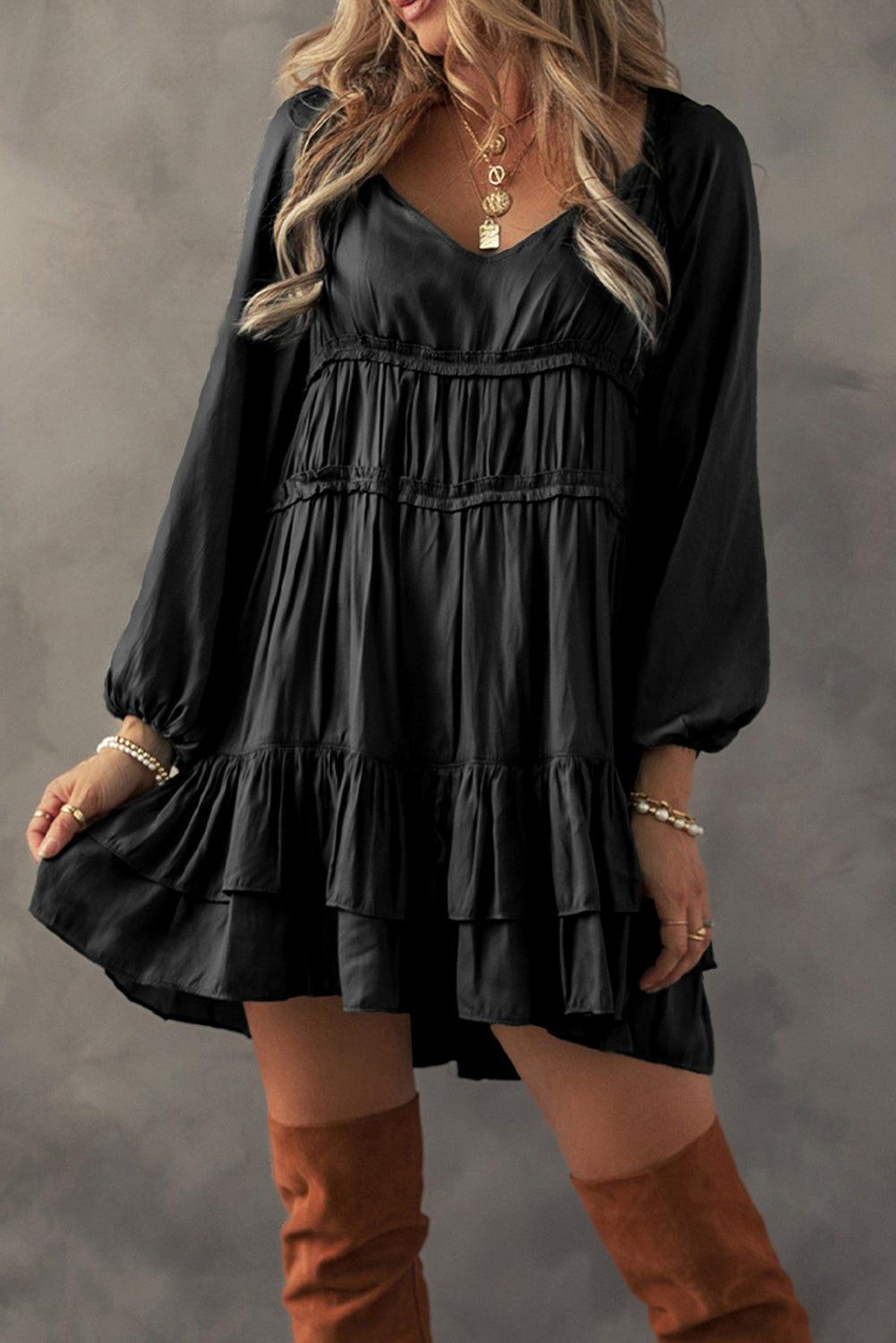 Mist Green Tiered Ruffled Puff Sleeve Loose Fit Mini Dress