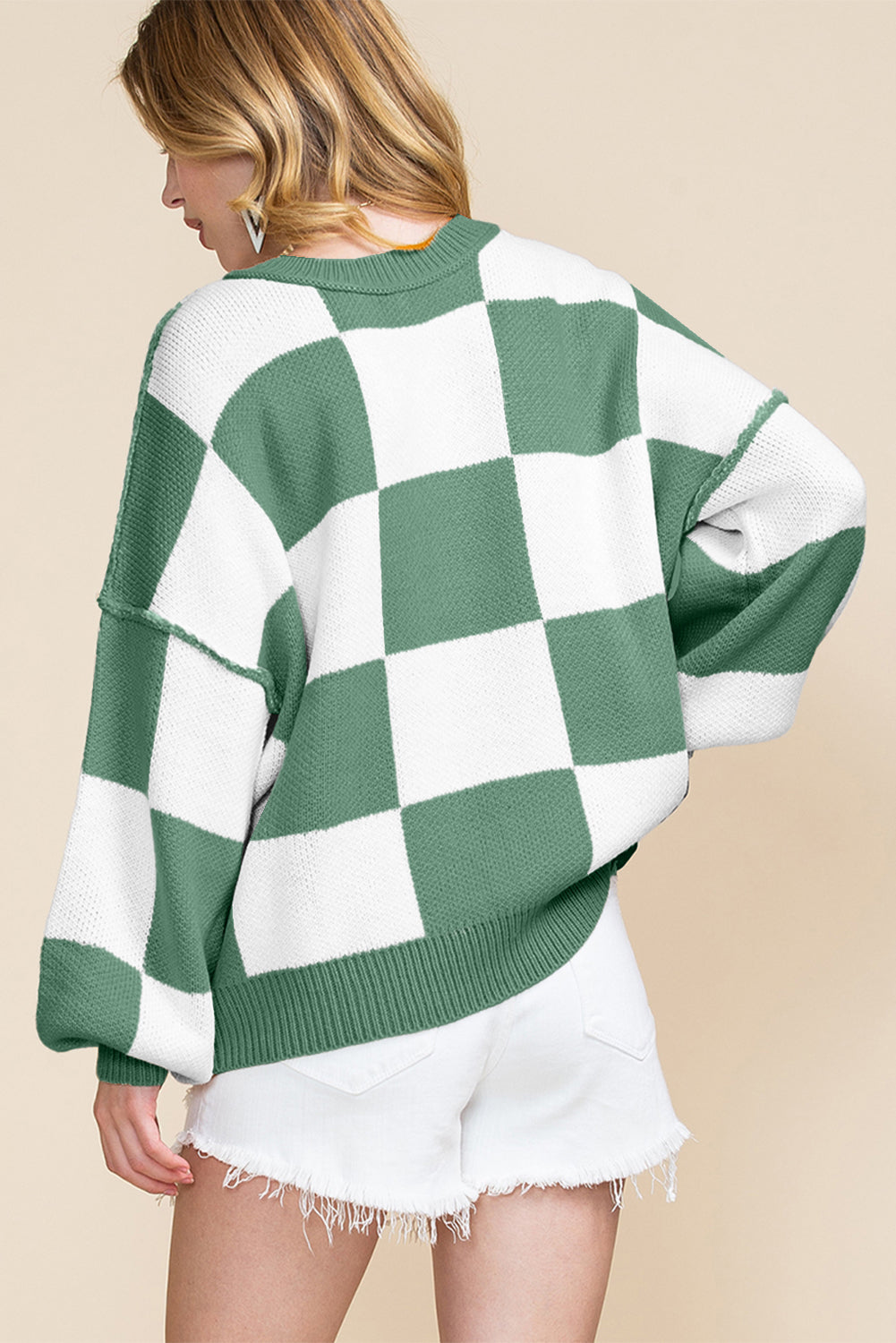 Khaki Checkered Bishop Sleeve Sweater