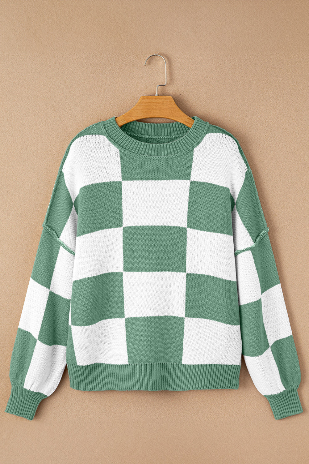 Khaki Checkered Bishop Sleeve Sweater