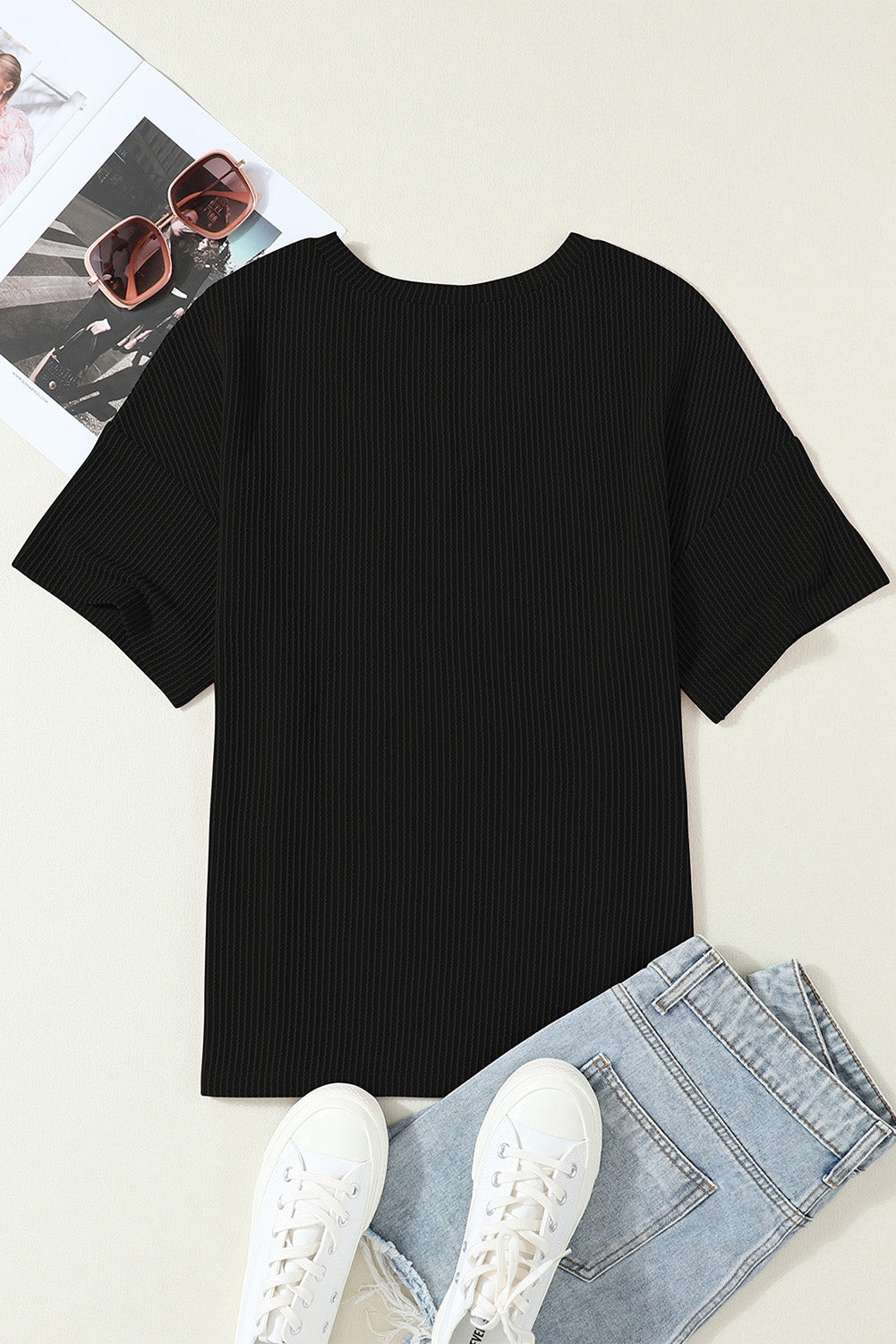 Valerian Corded V Neck Chest Pocket Loose T-shirt