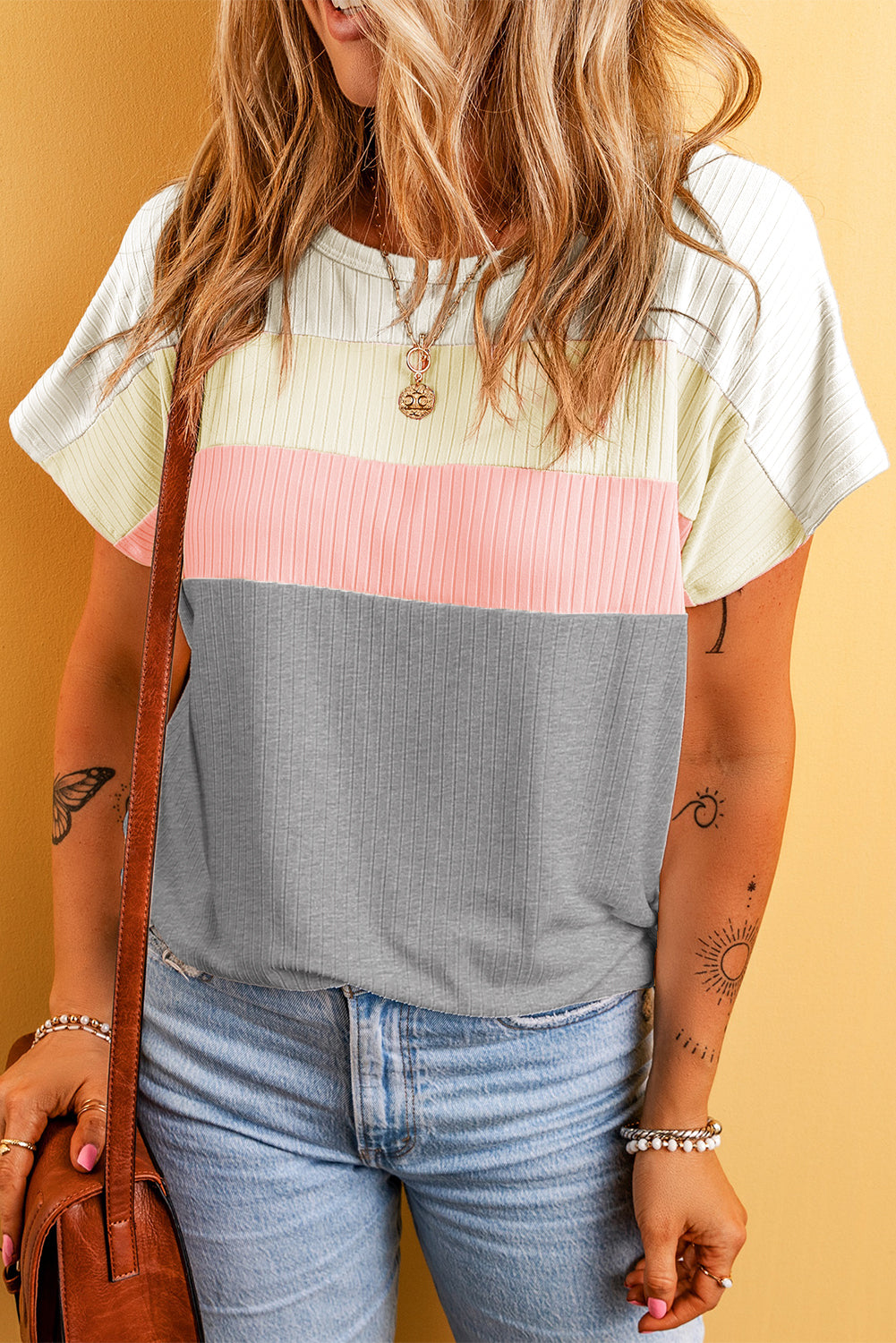 White Ribbed Color Block Patchwork T-shirt