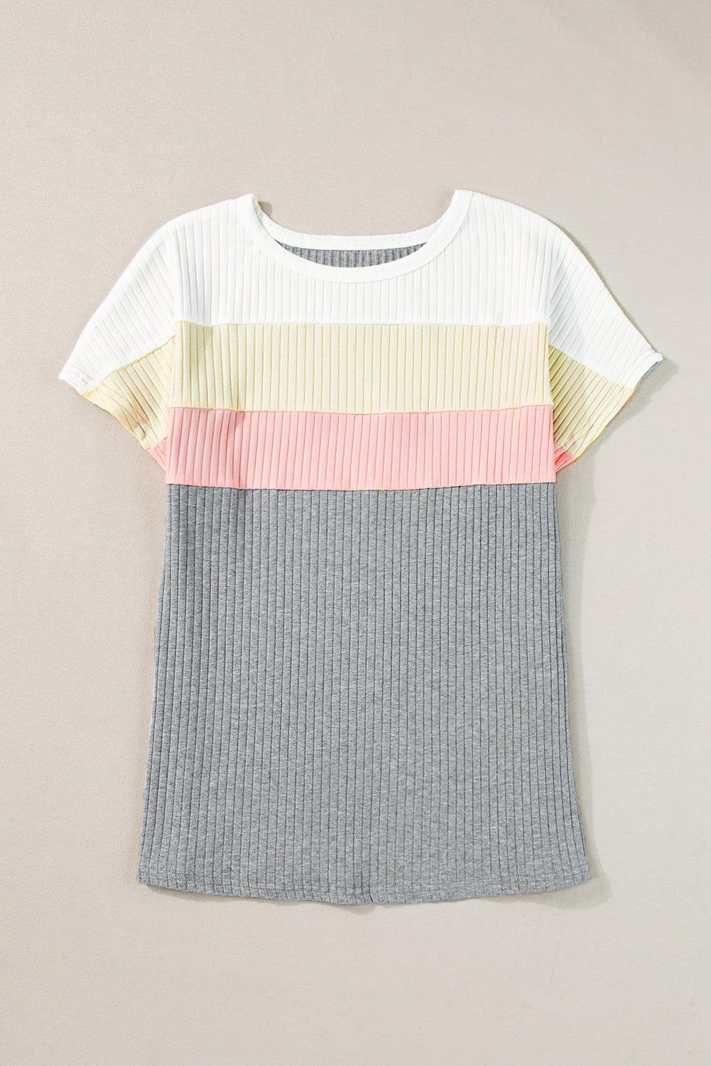 White Ribbed Color Block Patchwork T-shirt