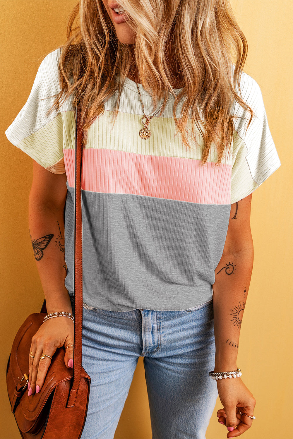 White Ribbed Color Block Patchwork T-shirt